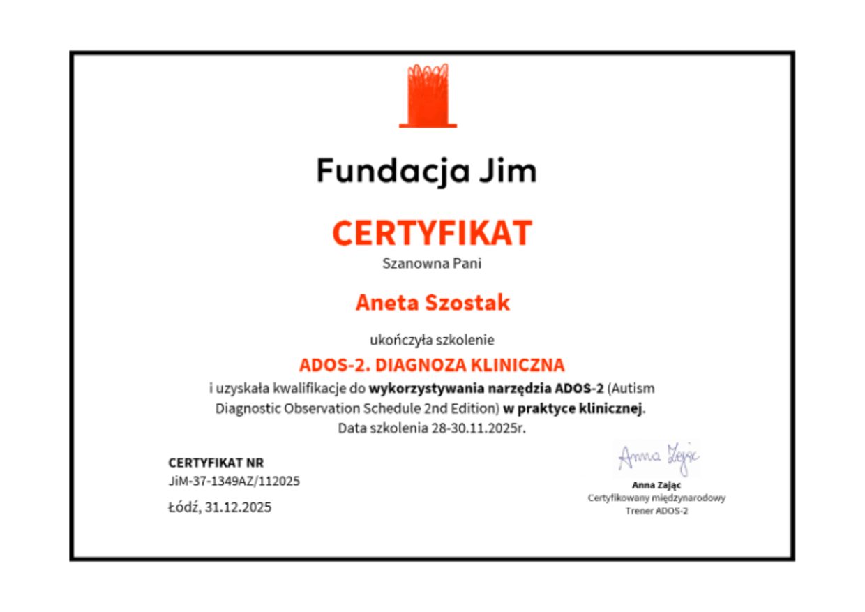 Certyfikat ADOS-2. Diagnoza kliniczna, Aneta Szostak, Fundacja JiM