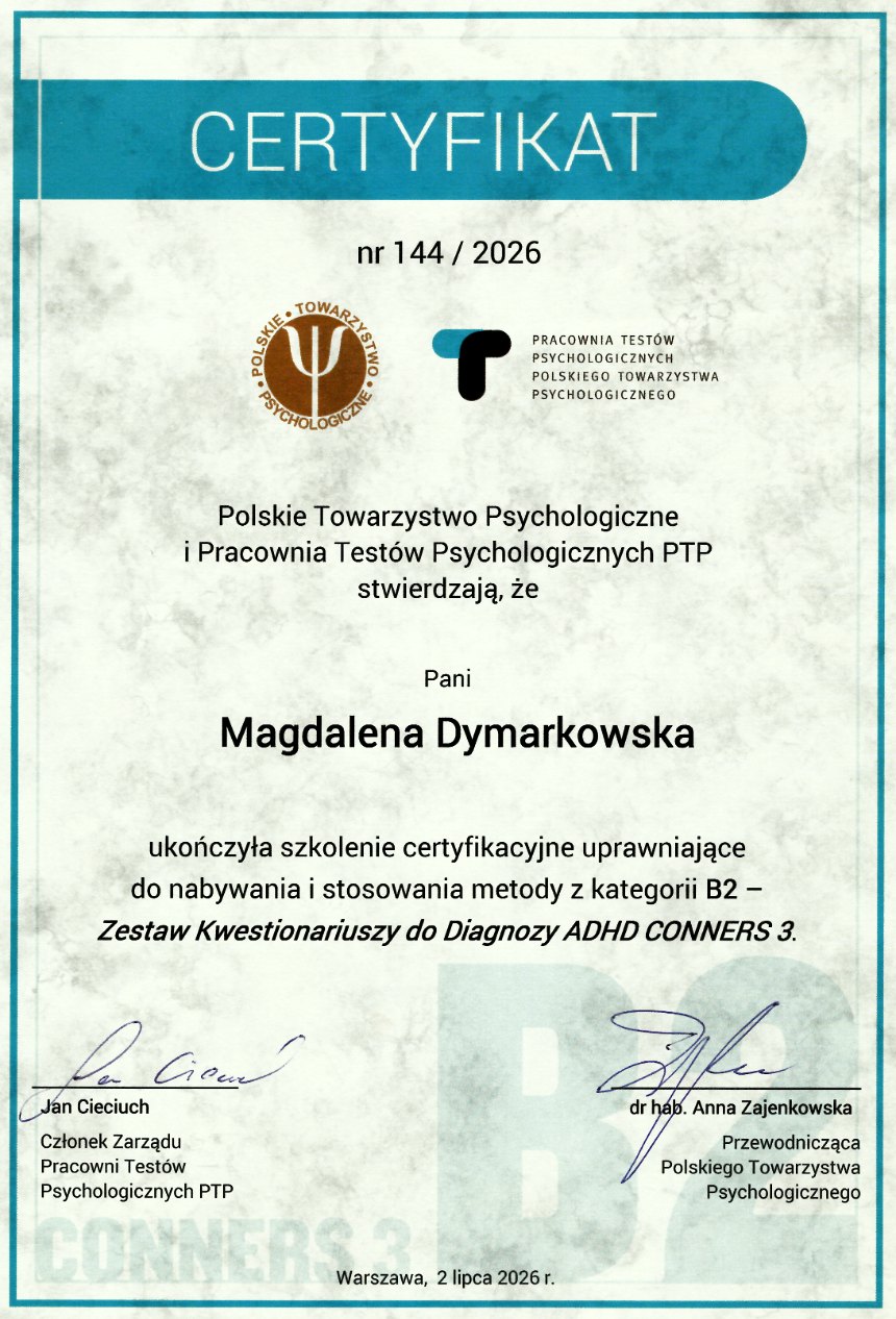 Certyfikat Conners 3, kategoria B2, Magdalena Dymarkowska, Pracownia Testów Psychologicznych PTP