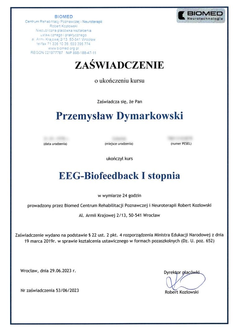 Zaświadczenie EEG Biofeedback I stopnia, Przemysław Dymarkowski, Biomed