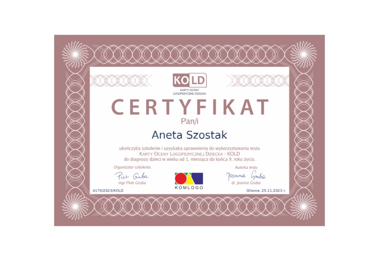 Certyfikat KOLD, Karty Oceny Logopedycznej Dziecka, Aneta Szostak