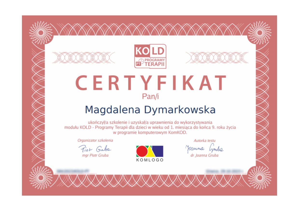 Certyfikat KOLD, Karty Oceny Logopedycznej Dziecka, Magdalena Dymarkowska