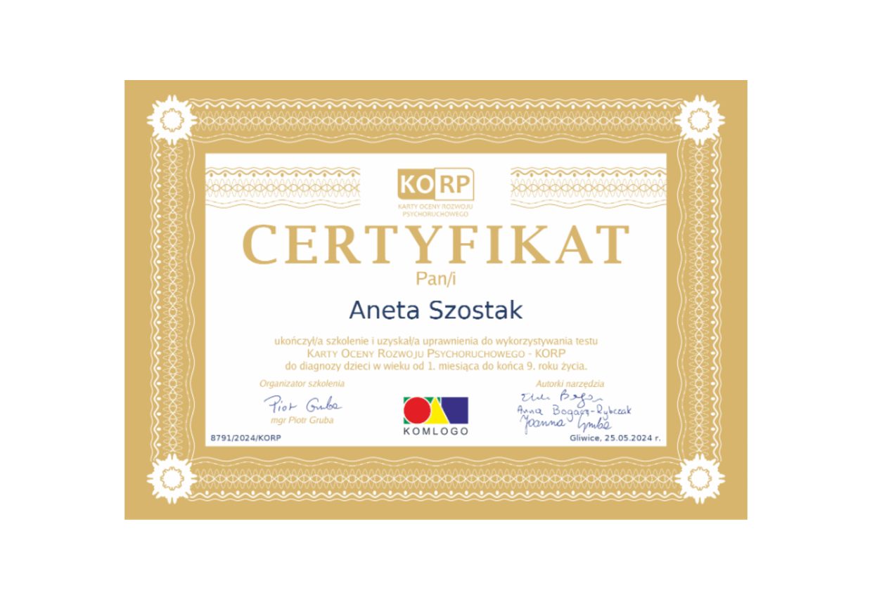 Certyfikat KORP, Karty Oceny Rozwoju Psychoruchowego, Aneta Szostak
