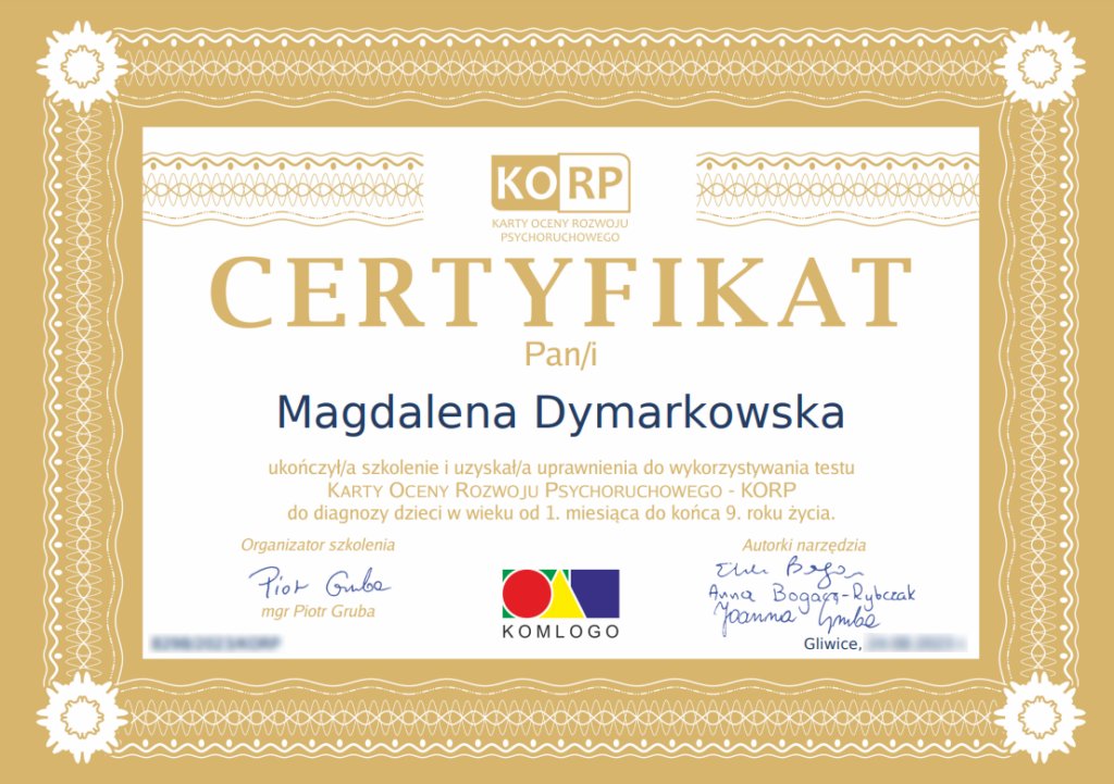 Certyfikat KORP, Karty Oceny Rozwoju Psychoruchowego, Magdalena Dymarkowska, KomLogo