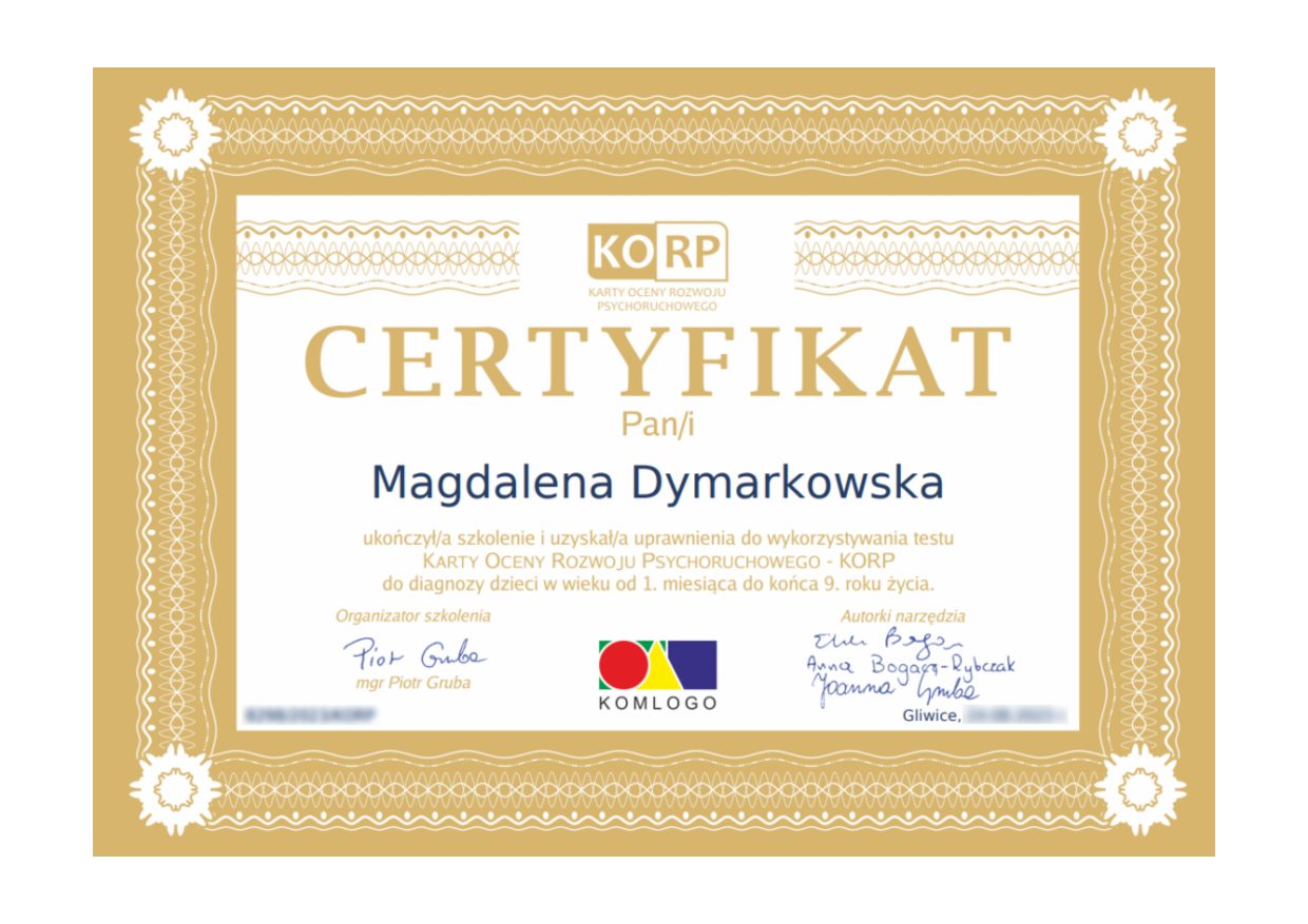 Certyfikat KORP, Karty Oceny Rozwoju Psychoruchowego, Magdalena Dymarkowska