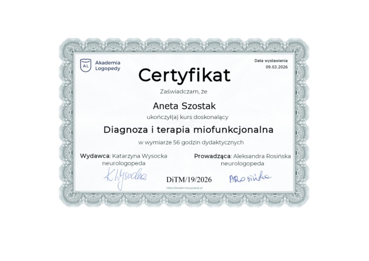 Certyfikat Diagnoza i terapia miofunkcjonalna, Aneta Szostak