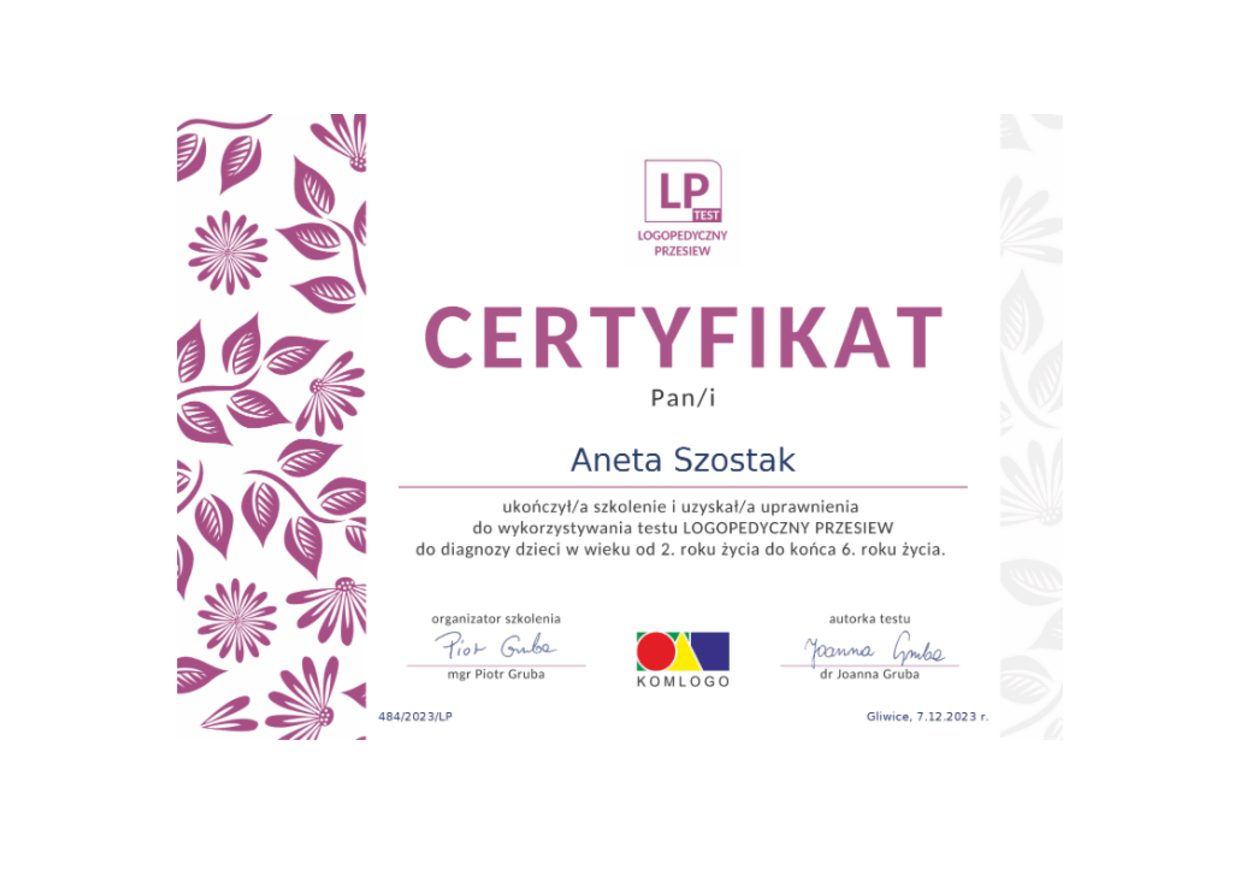 Certyfikat Logopedyczny Przesiew, Aneta Szostak