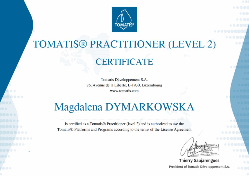 Certyfikat Tomatis® Practitioner (Level 2), Magdalena Dymarkowska