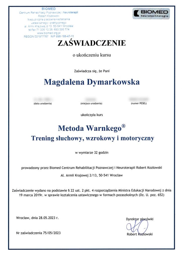 Zaświadczenie Metoda Warnkego®, trening słuchowy, wzrokowy i motoryczny, Magdalena Dymarkowska, Biomed